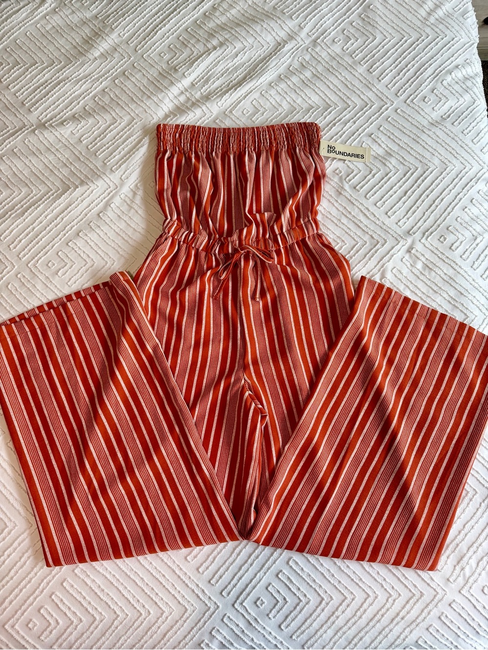 No Boundaries Orange & White Striped Strapless Wide-Leg Jumpsuit
